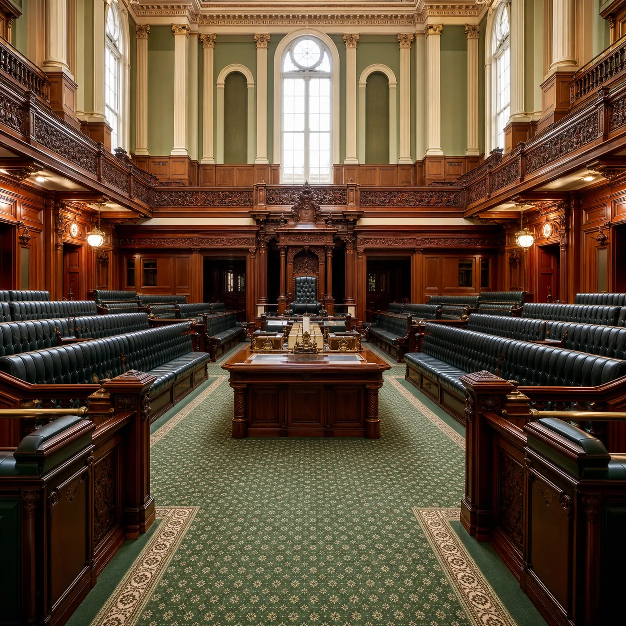 An ornate state parliamentary chamber with carved timber benches and decorative ceiling