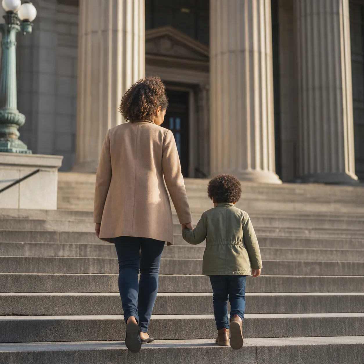 A parent and child walking together on the steps of a government building