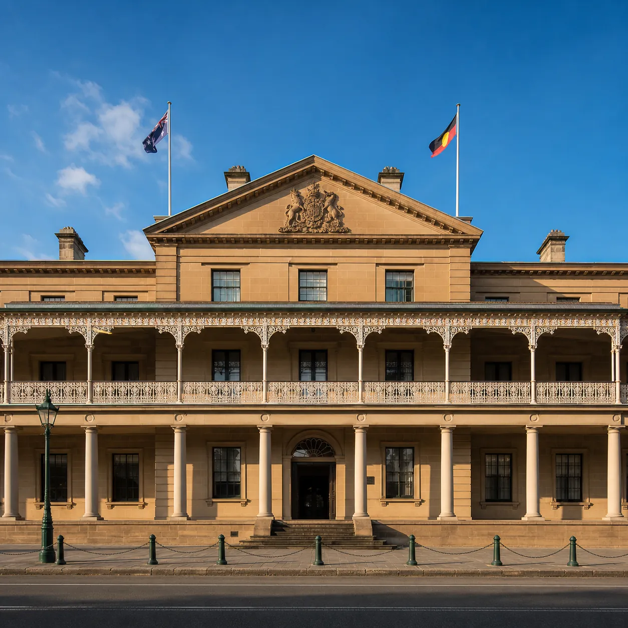 The colonial sandstone facade of New South Wales Parliament in Sydney