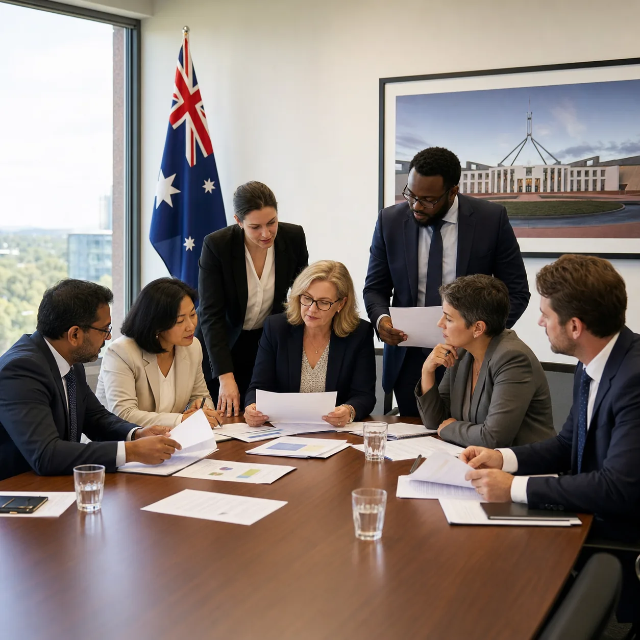 People reviewing documents around a table at a policy roundtable