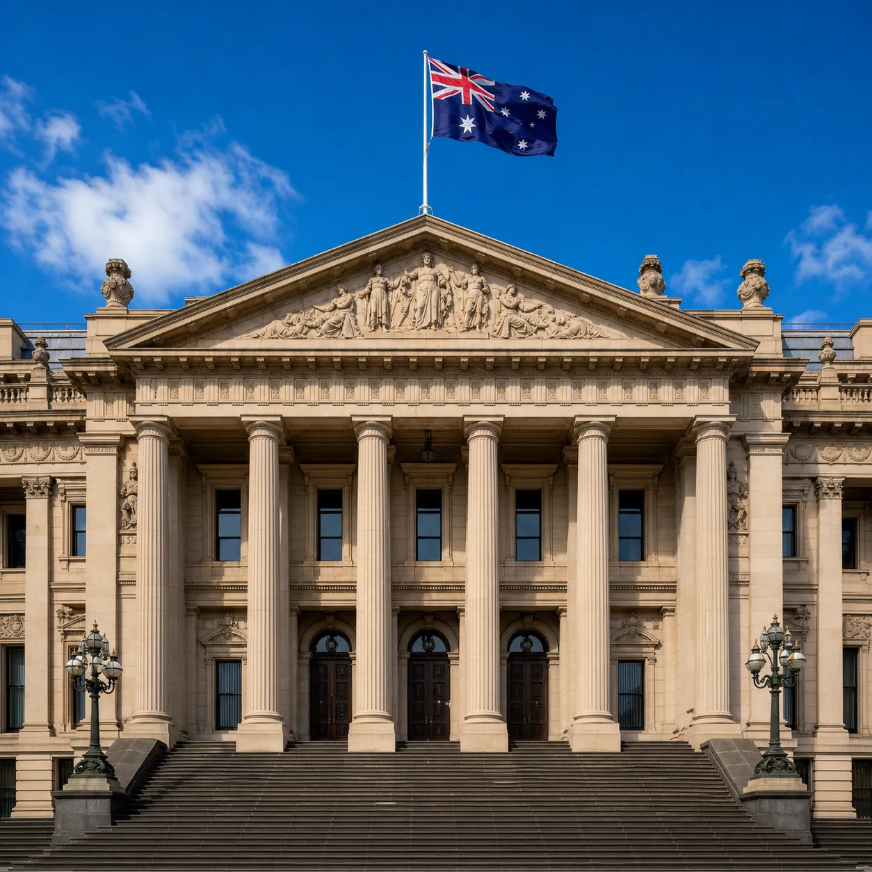 Parliament House of Victoria in Melbourne, with its colonnaded classical facade